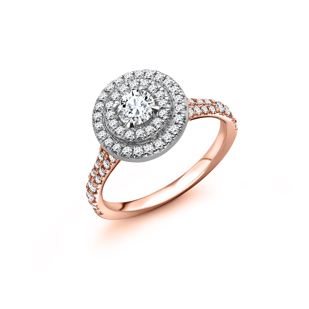 Image of Rose Gold Round Brilliant Halo with Diamond Set Shoulders Split Shoulders Engagement Ring