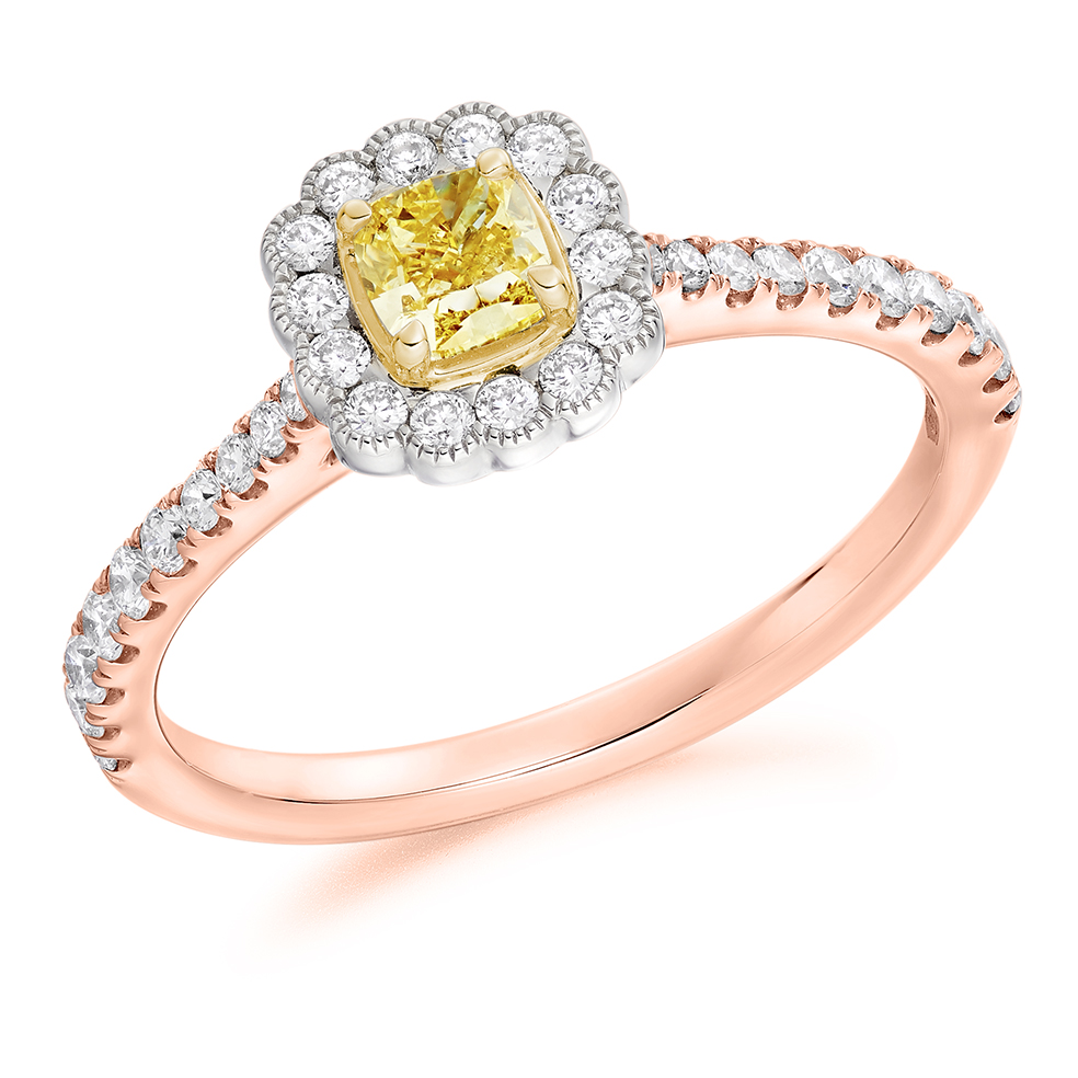 Image of Rose Gold Cushion Cut Halo with Diamond Set Shoulders Engagement Ring