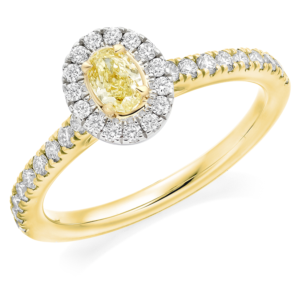 Image of Yellow Gold Oval Cut Halo with Diamond Set Shoulders Engagement Ring