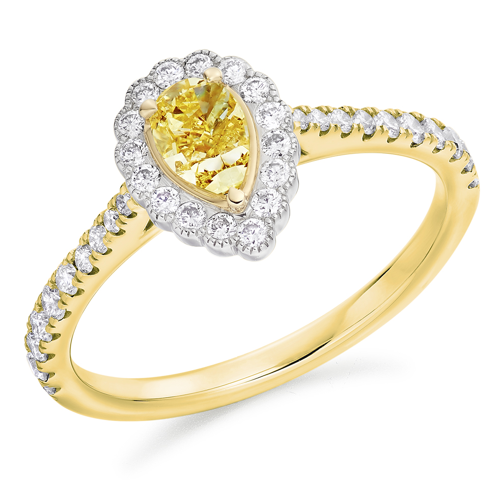 Image of Yellow Gold Pear Cut Halo with Diamond Set Shoulders Engagement Ring