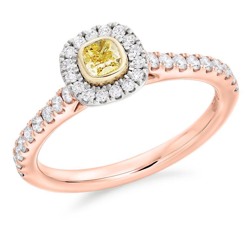 Image of Rose Gold Cushion Cut Halo with Diamond Set Shoulders Engagement Ring