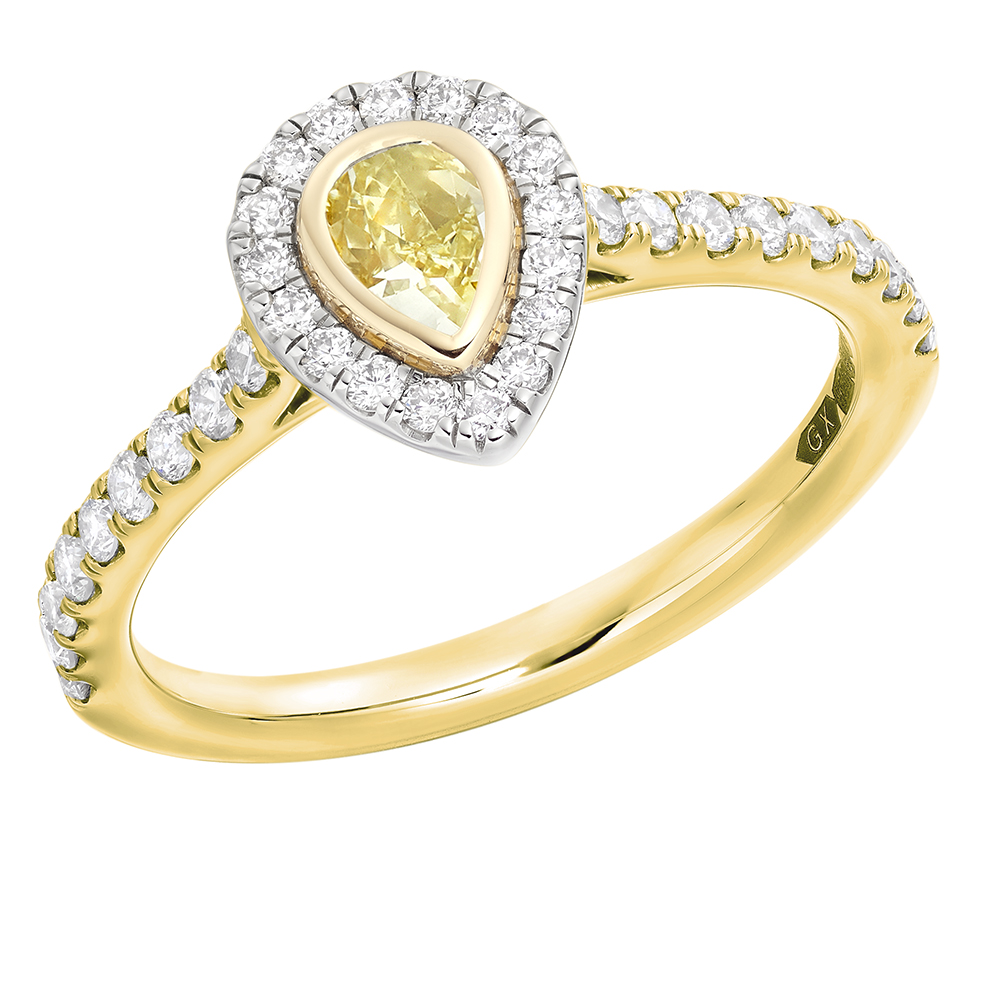 Image of Yellow Gold Pear Cut Halo with Diamond Set Shoulders Engagement Ring