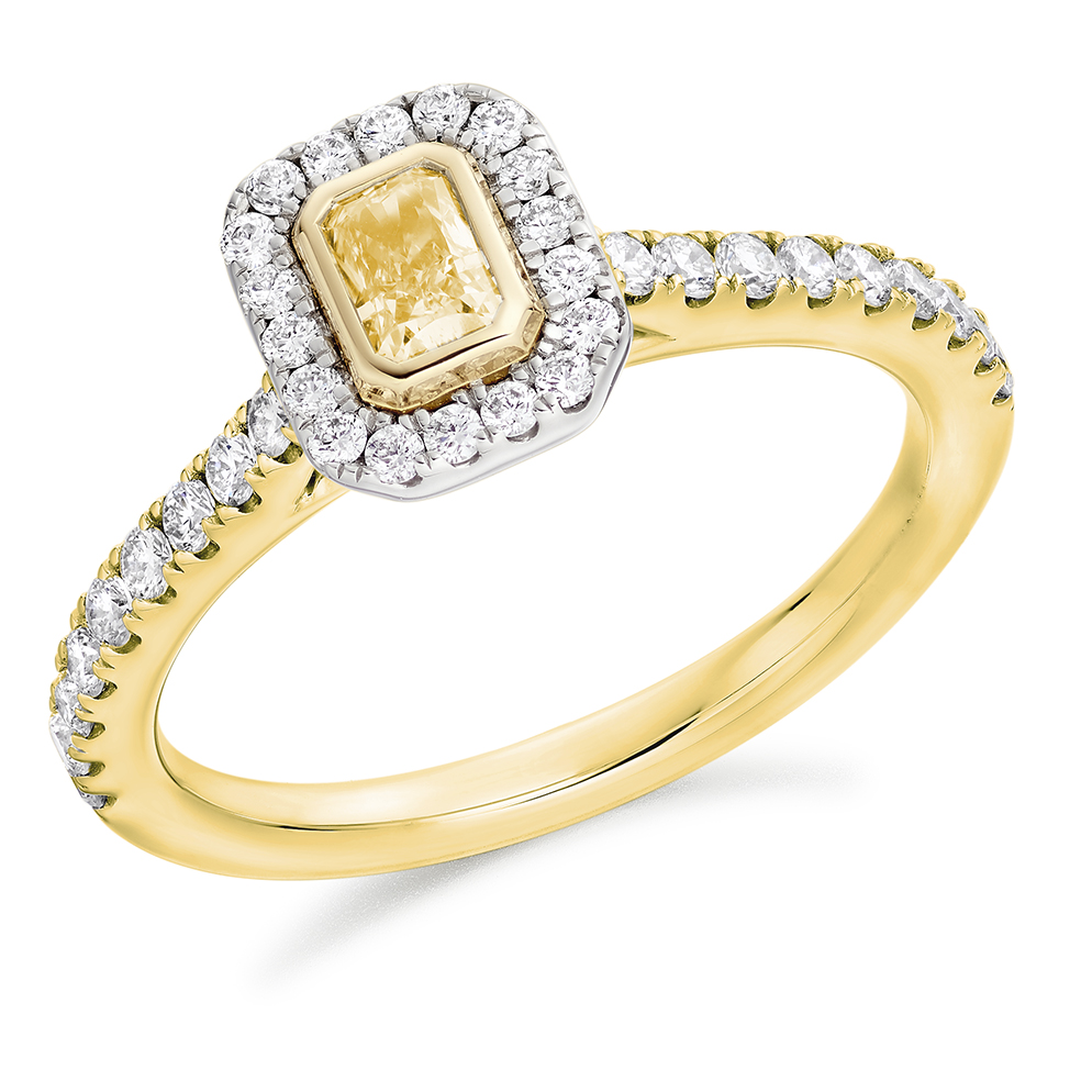 Image of Yellow Gold Radiant Cut Halo with Diamond Set Shoulders Engagement Ring