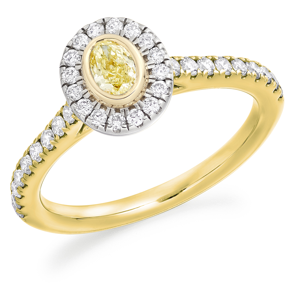 Image of Yellow Gold Oval Cut Halo with Diamond Set Shoulders Engagement Ring