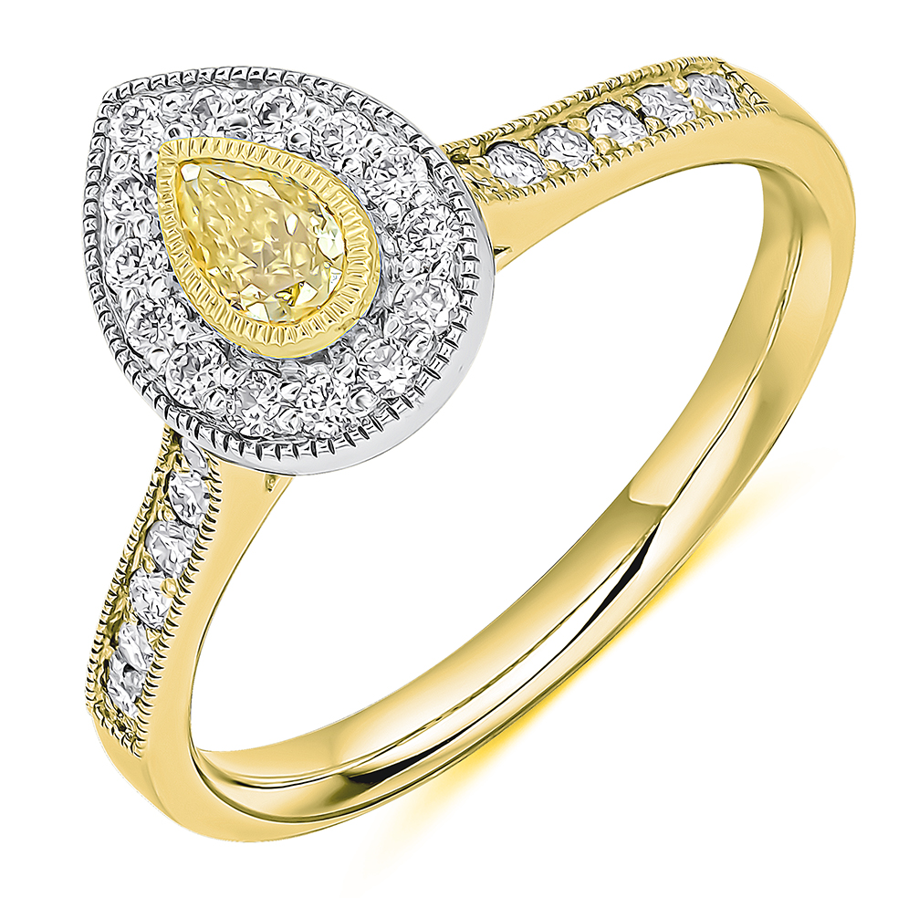 Image of Yellow Gold Pear Cut Halo with Diamond Set Shoulders Engagement Ring