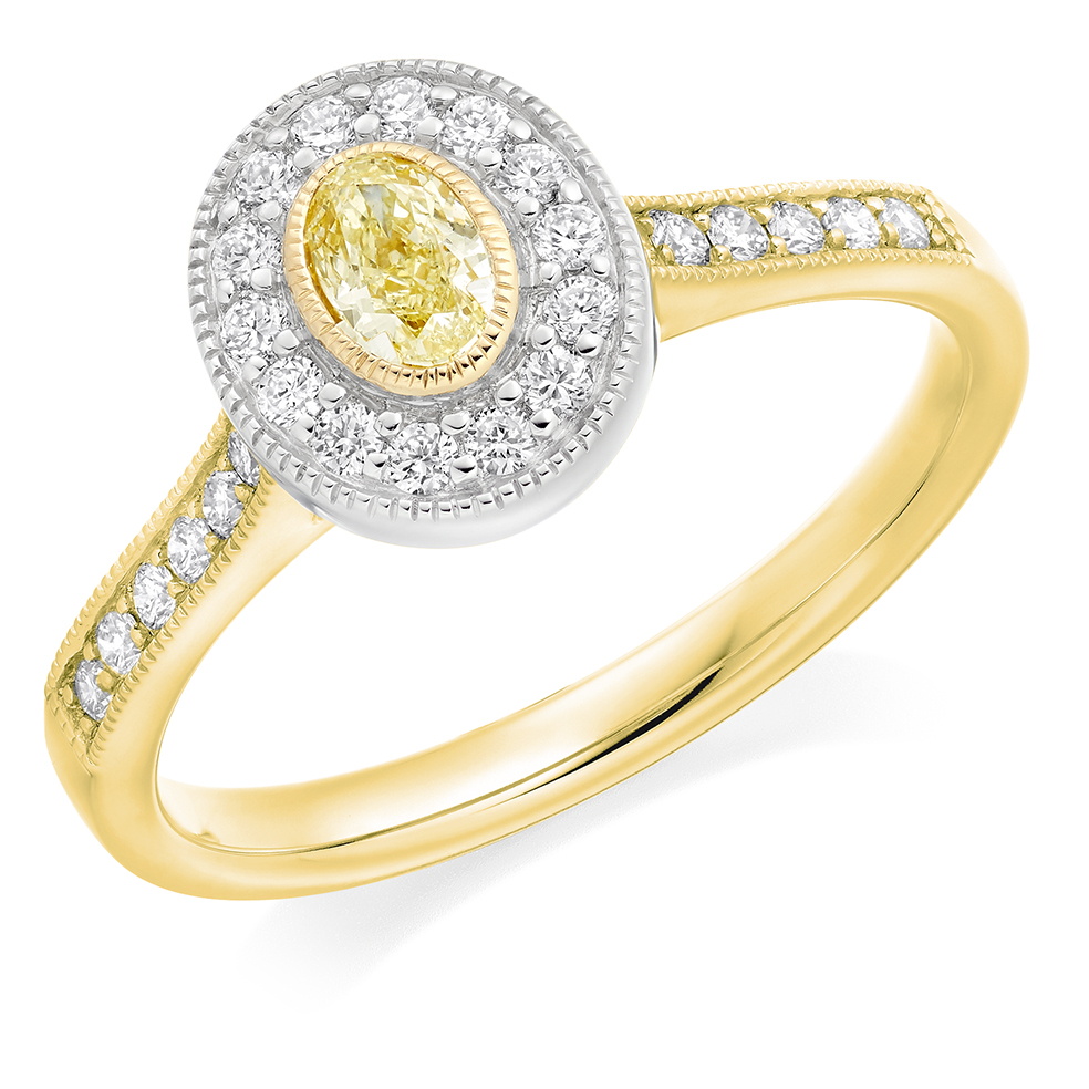 Image of Yellow Gold Oval Cut Halo with Diamond Set Shoulders Engagement Ring