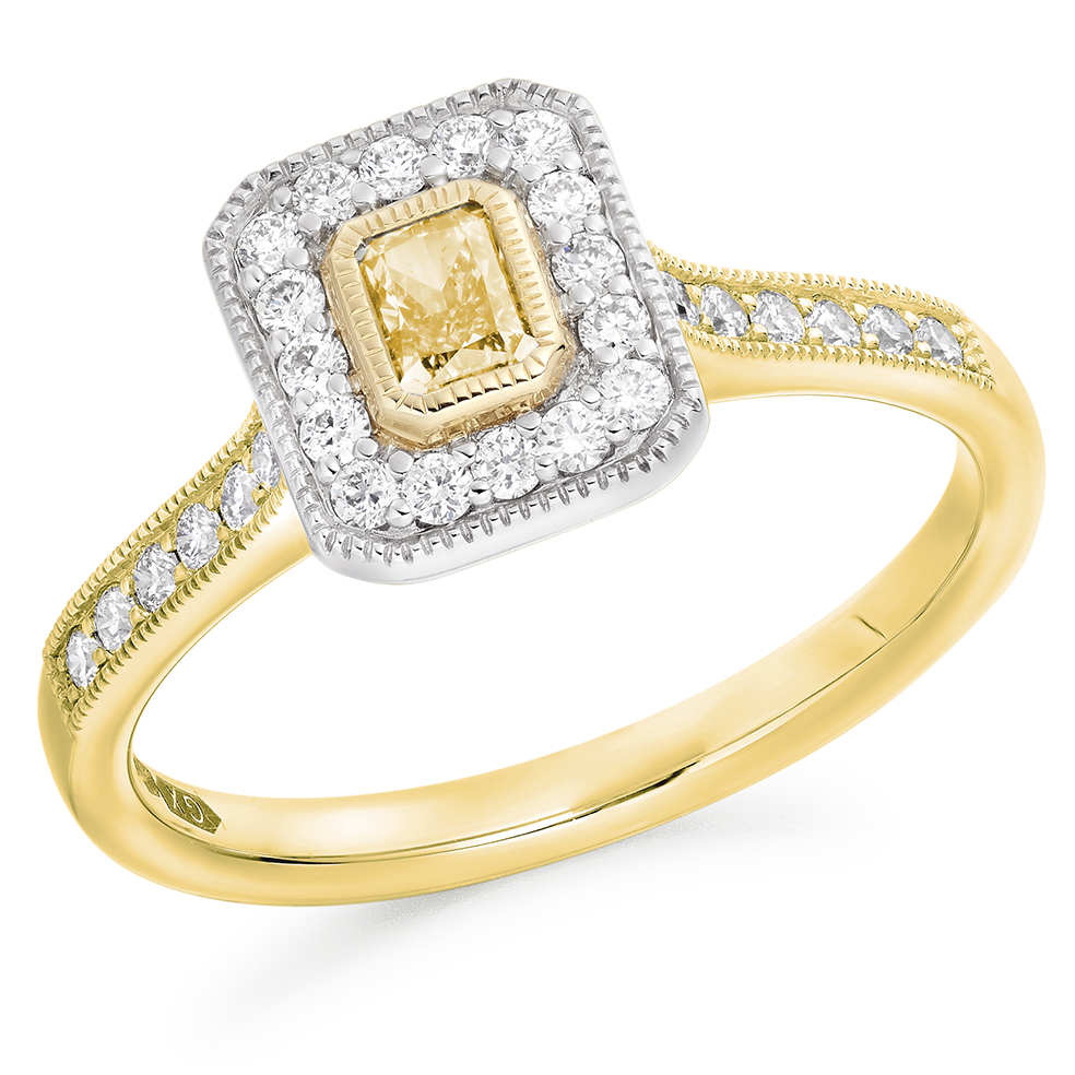 Image of Yellow Gold Radiant Cut Halo with Diamond Set Shoulders Engagement Ring