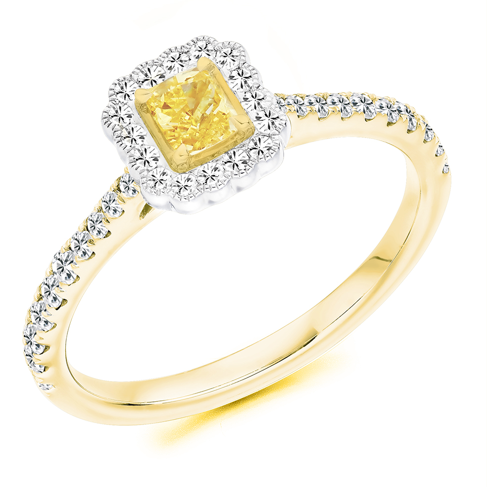 Image of Yellow Gold Radiant Cut Halo with Diamond Set Shoulders Engagement Ring