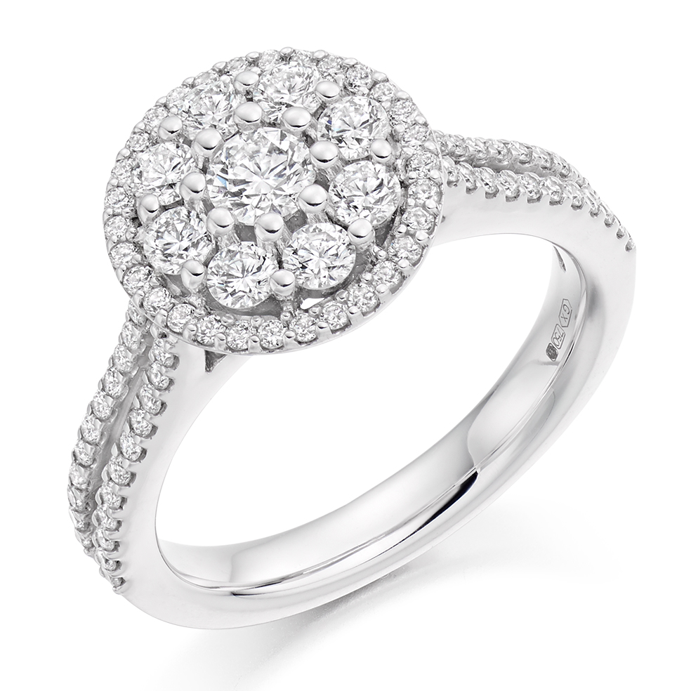 Image of Platinum Round Brilliant Halo with Diamond Set Shoulders and Multistone Invisible Set Split Shoulders Engagement Ring