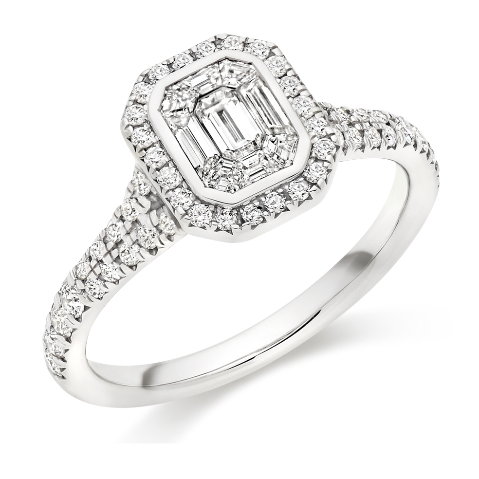 Image of Platinum Emerald Cut Halo with Diamond Set Shoulders and Multistone Invisible Set Split Shoulders Engagement Ring