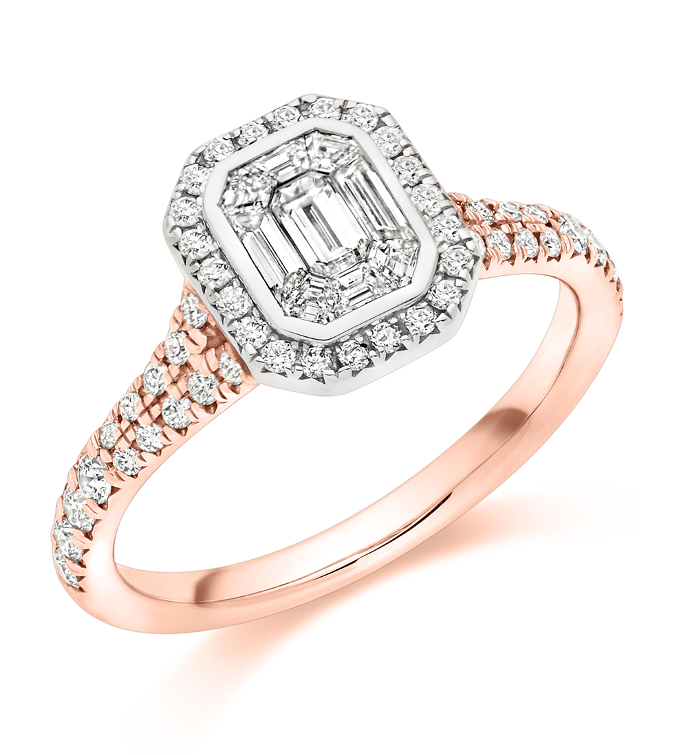 Image of Rose Gold Emerald Cut Halo with Diamond Set Shoulders and Multistone Invisible Set Split Shoulders Engagement Ring