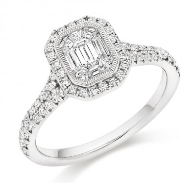 Emerald Cut Halo with Diamond Set Shoulders and Multistone Invisible Set Split Shoulders Engagement Ring Metal Image