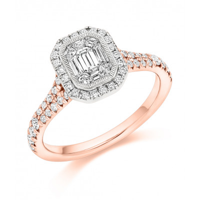 Emerald Cut Halo with Diamond Set Shoulders and Multistone Invisible Set Split Shoulders Engagement Ring Metal Image