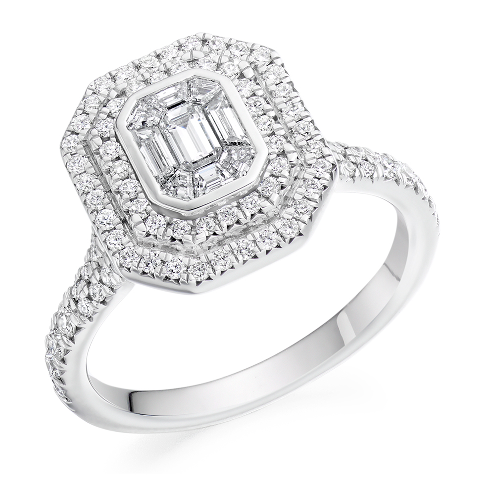 Image of Platinum Emerald Cut Halo with Diamond Set Shoulders and Multistone Invisible Set Split Shoulders Engagement Ring
