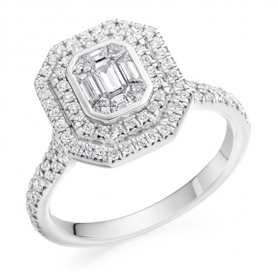 Emerald Cut Halo with Diamond Set Shoulders and Multistone Invisible Set Split Shoulders Engagement Ring Metal Image