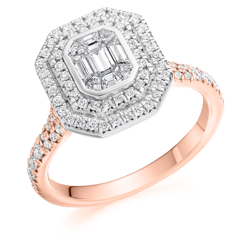 Image of Rose Gold Emerald Cut Halo with Diamond Set Shoulders and Multistone Invisible Set Split Shoulders Engagement Ring