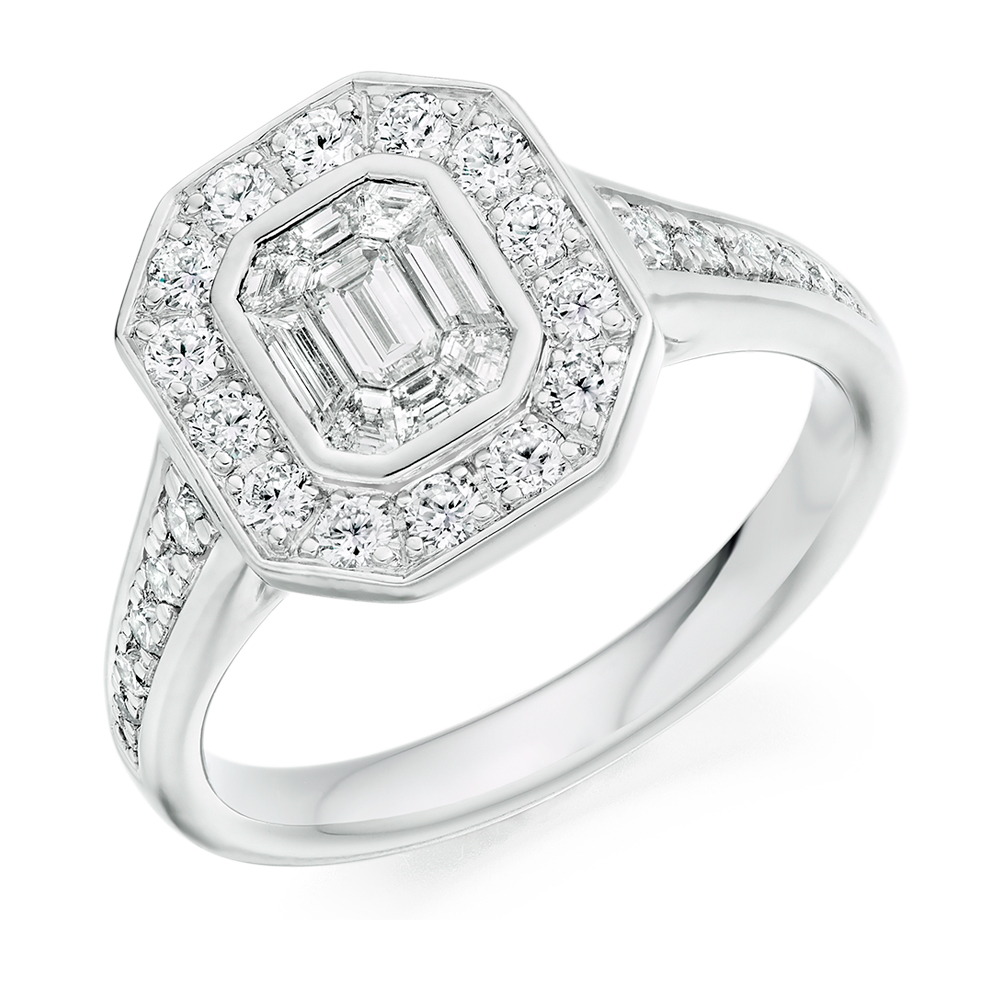 Image of Platinum Emerald Cut Halo with Diamond Set Shoulders and Multistone Invisible Set Engagement Ring