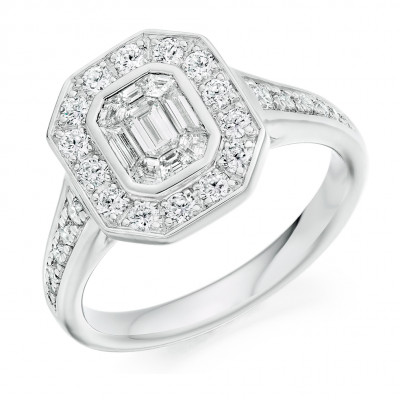 Emerald Cut Halo with Diamond Set Shoulders and Multistone Invisible Set Engagement Ring Metal Image