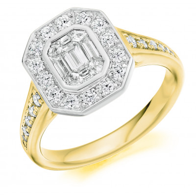Emerald Cut Halo with Diamond Set Shoulders and Multistone Invisible Set Engagement Ring Metal Image