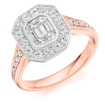 Emerald Cut Halo with Diamond Set Shoulders and Multistone Invisible Set Engagement Ring Metal Image