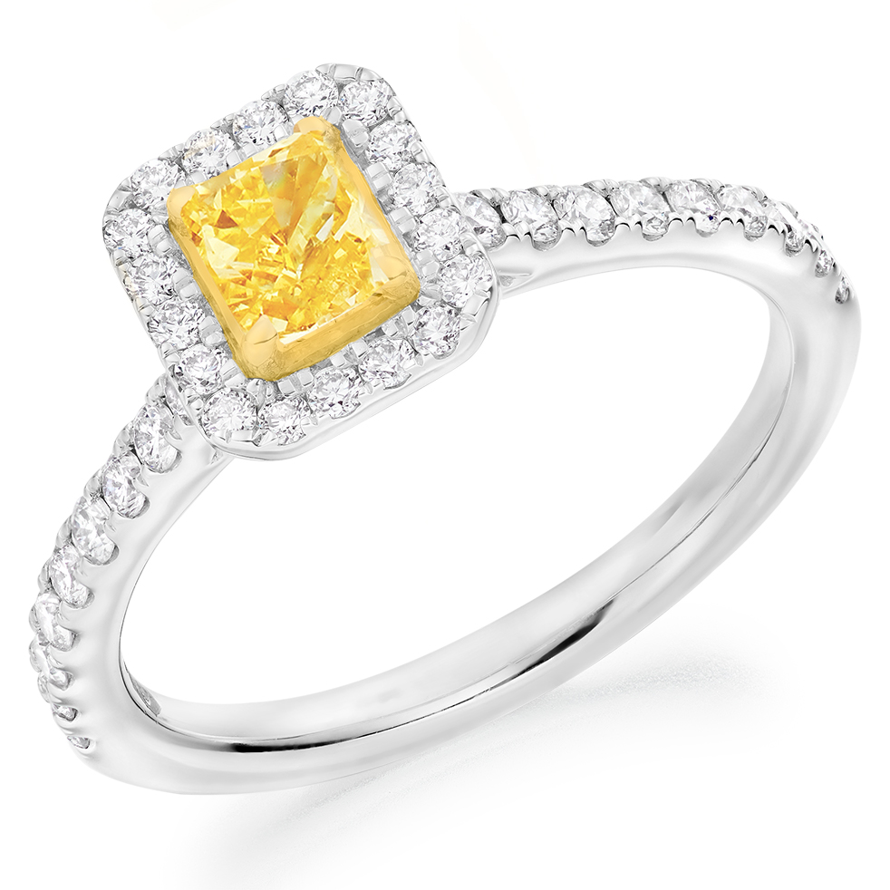 Image of White Gold Radiant Cut Halo with Diamond Set Shoulders Engagement Ring