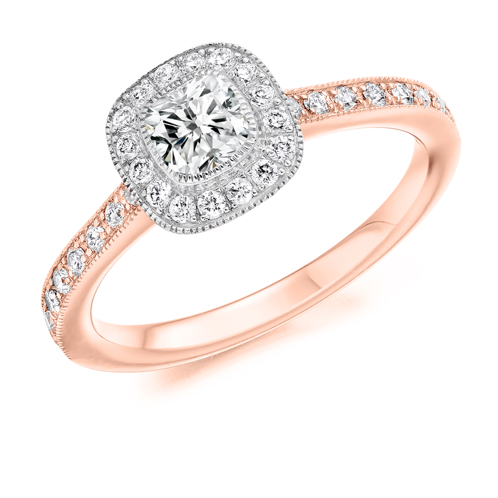 Image of Rose Gold Cushion Cut Halo with Diamond Set Shoulders Engagement Ring