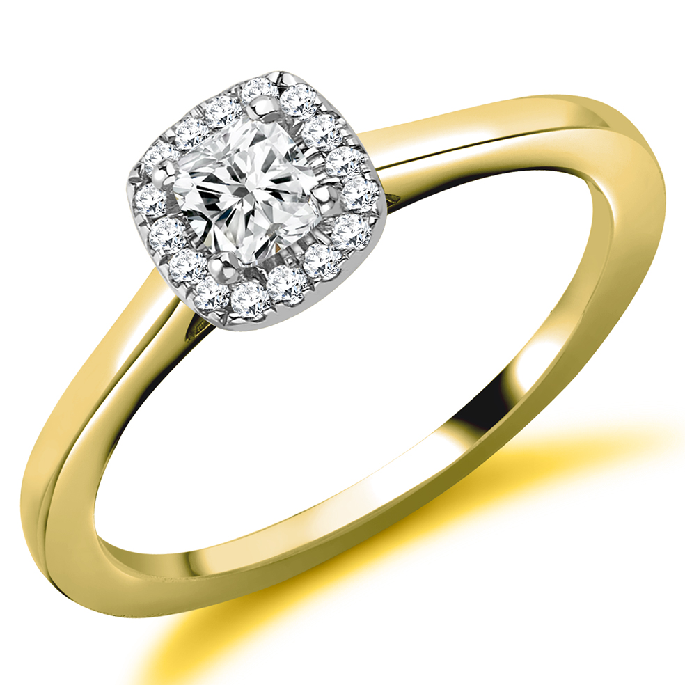 Image of Yellow Gold Cushion Cut Halo with Plain Shoulders Engagement Ring