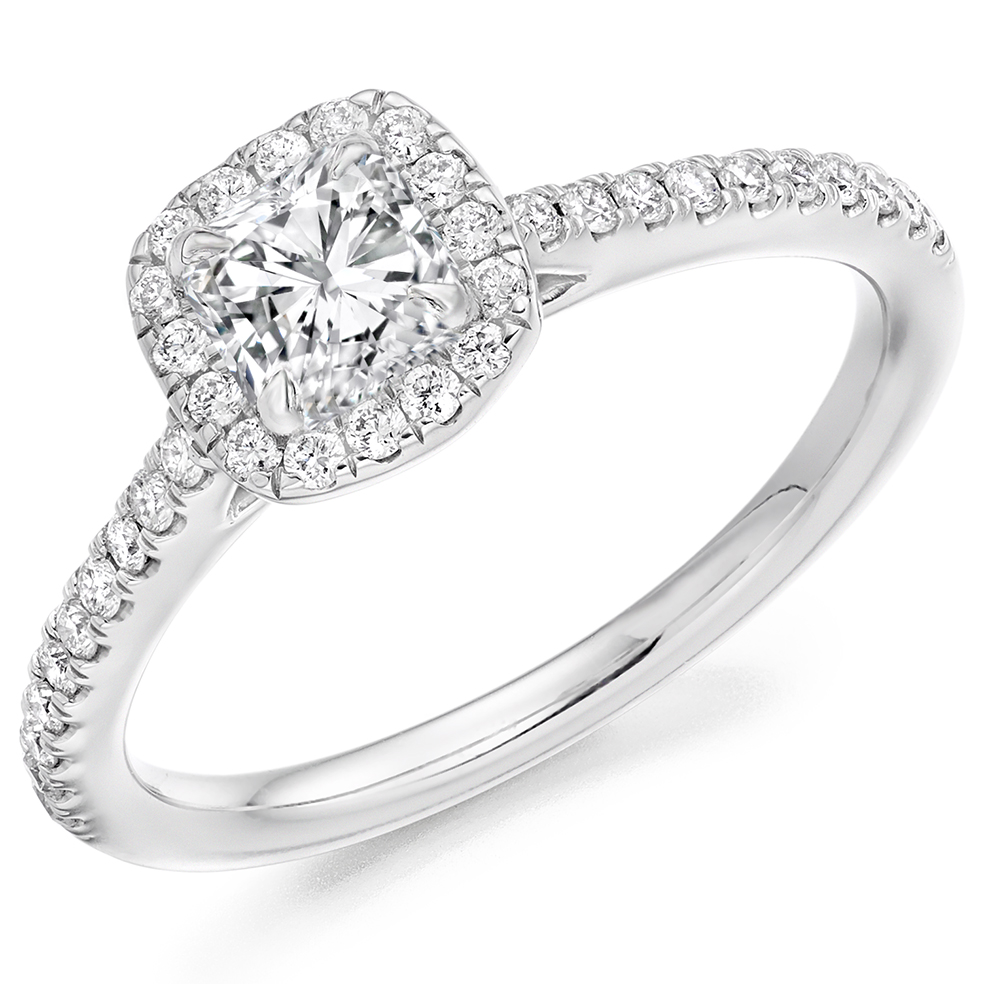 Cushion Cut Halo with Diamond Set Shoulders Engagement Ring Image