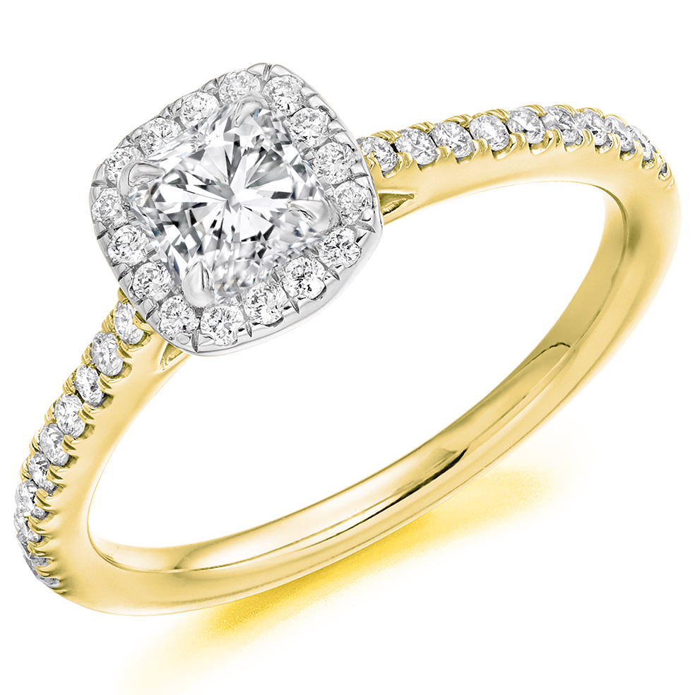 Image of Yellow Gold Cushion Cut Halo with Diamond Set Shoulders Engagement Ring