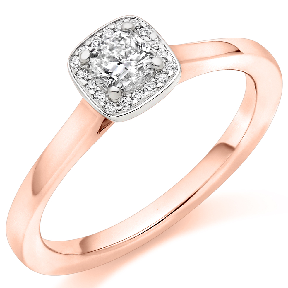 Image of Rose Gold Cushion Cut Halo with Plain Shoulders Engagement Ring