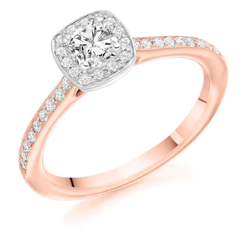 Image of Rose Gold Cushion Cut Halo with Diamond Set Shoulders Engagement Ring