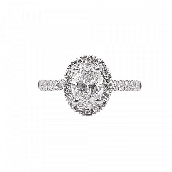 Image of 1.16ct Lab Grown Oval Brilliant Cut Diamond Halo with Diamond Set Shoulders Ring in Platinum