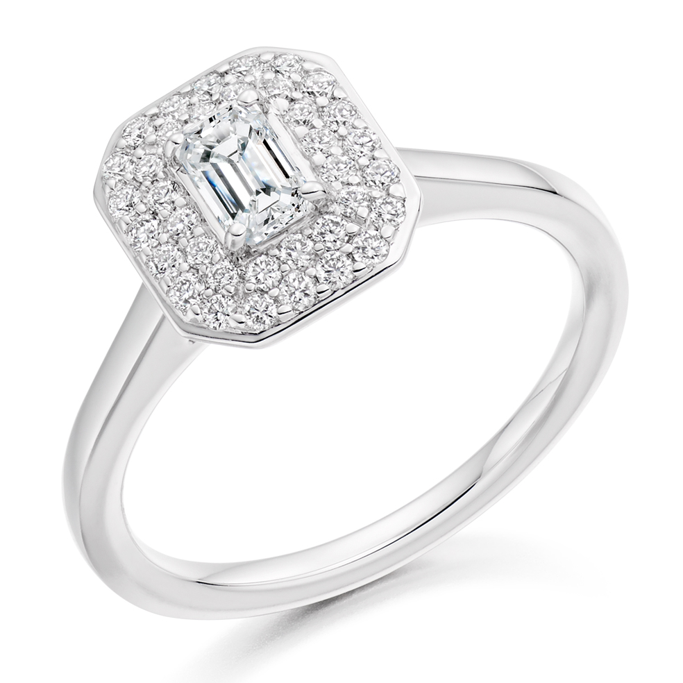 Image of White Gold Emerald Cut Halo with Plain Shoulders Engagement Ring
