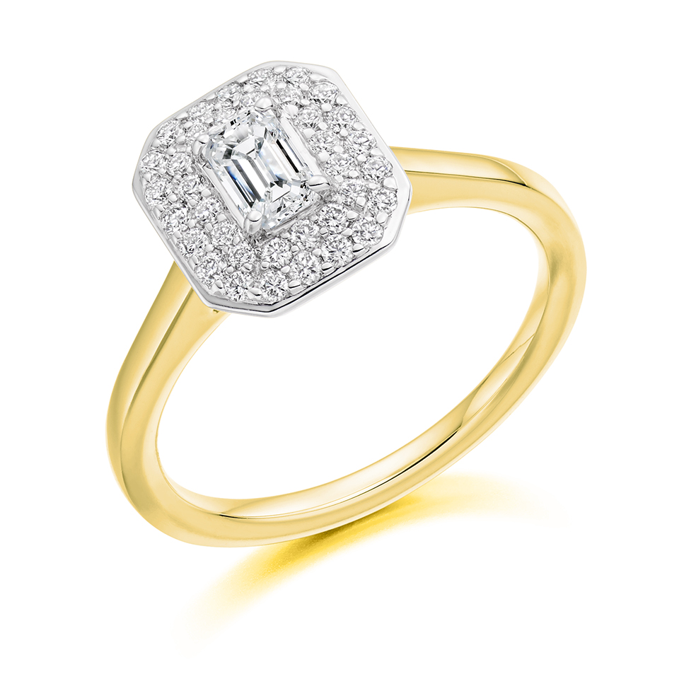 Image of Yellow Gold Emerald Cut Halo with Plain Shoulders Engagement Ring