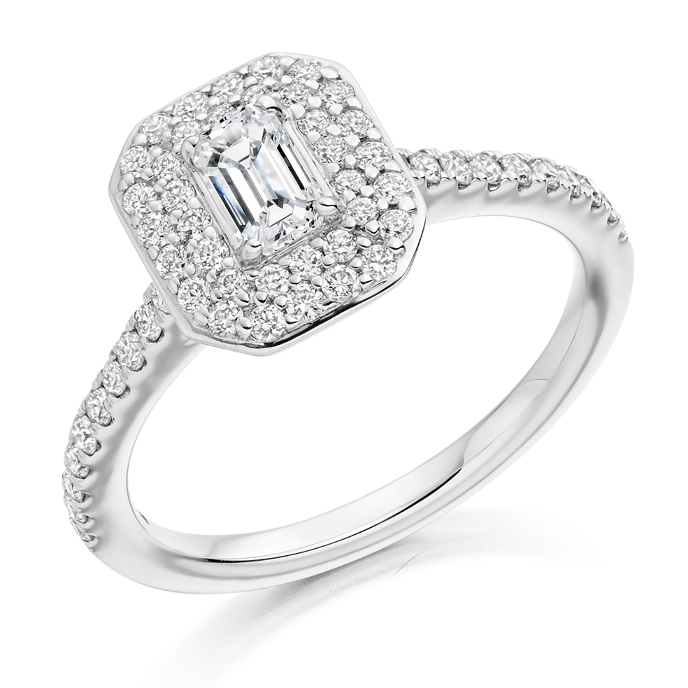 Image of Platinum Emerald Cut Halo with Diamond Set Shoulders Engagement Ring