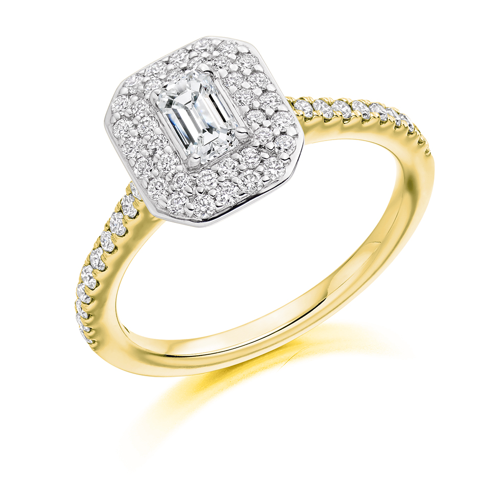 Image of Yellow Gold Emerald Cut Halo with Diamond Set Shoulders Engagement Ring