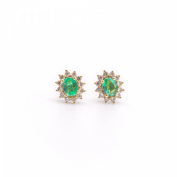 Image of 3.51ct Natural Oval Cut Emerald and Natural Diamond Stud Earrings in Yellow Gold