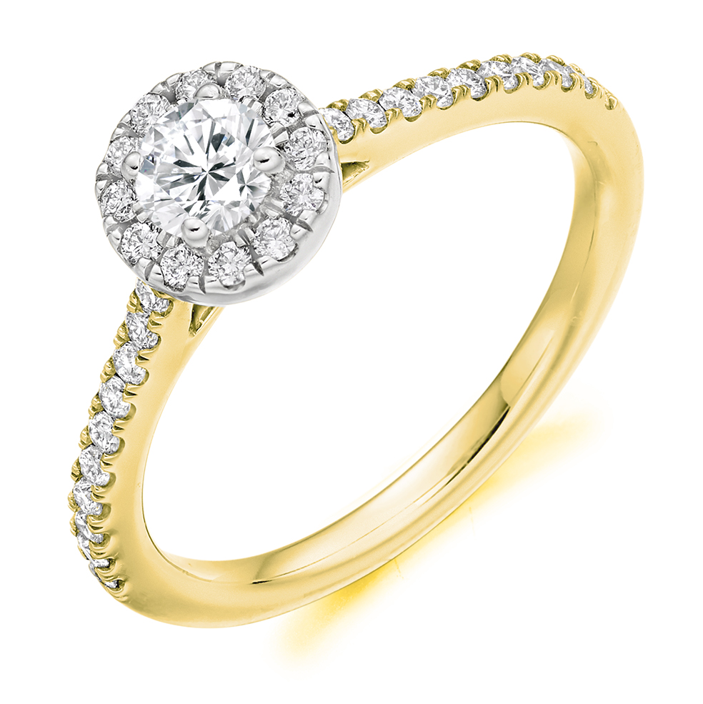 Image of Yellow Gold Round Brilliant Halo with Diamond Set Shoulders Engagement Ring