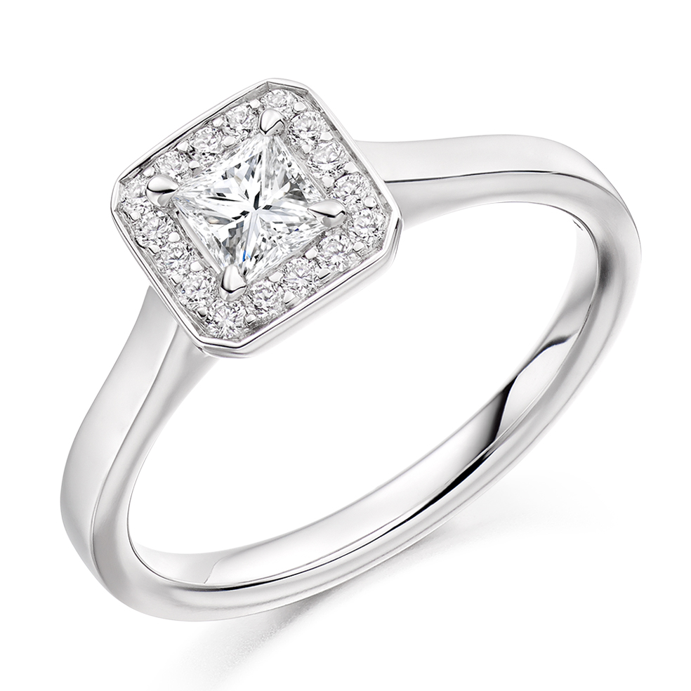 Image of Platinum Princess Cut Halo with Plain Shoulders Engagement Ring