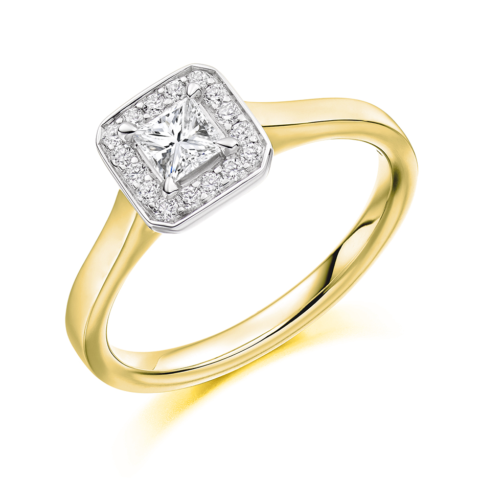 Image of Yellow Gold Princess Cut Halo with Plain Shoulders Engagement Ring