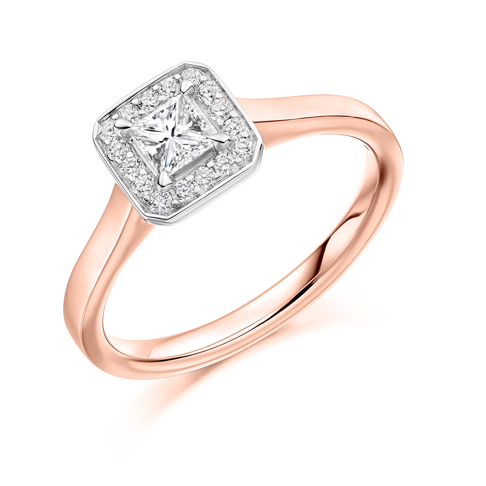 Image of Rose Gold Princess Cut Halo with Plain Shoulders Engagement Ring