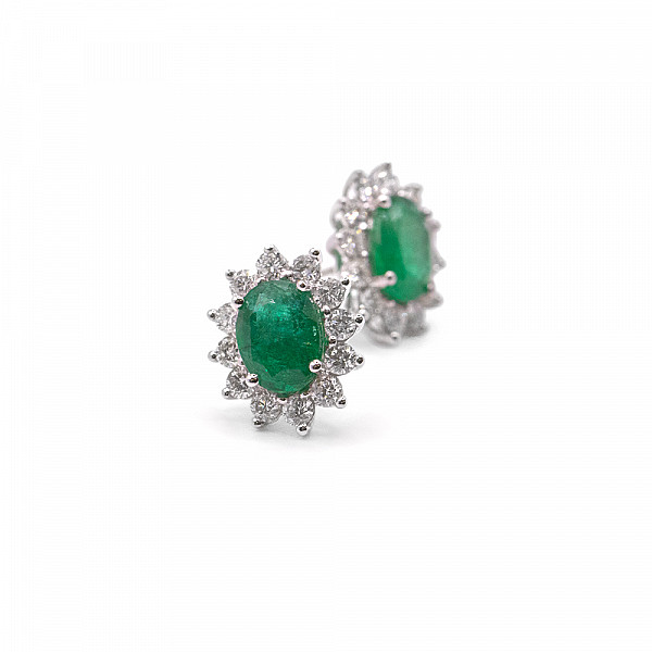 Image of 2.25ct Natural Oval Cut Emerald and Natural Diamond Stud Earrings in White Gold