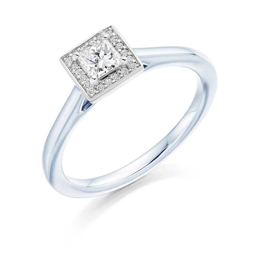 Image of Yellow Gold Princess Cut Halo with Plain Shoulders Engagement Ring