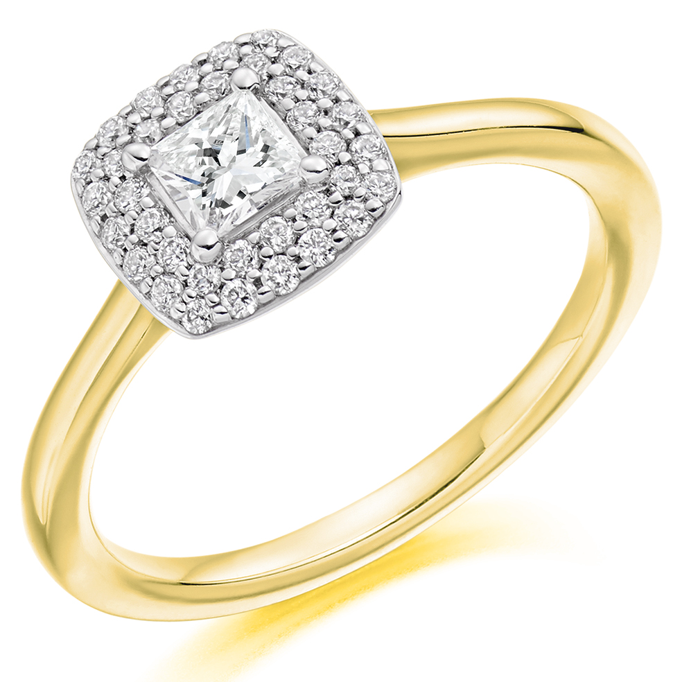 Image of Yellow Gold Princess Cut Halo with Plain Shoulders Engagement Ring