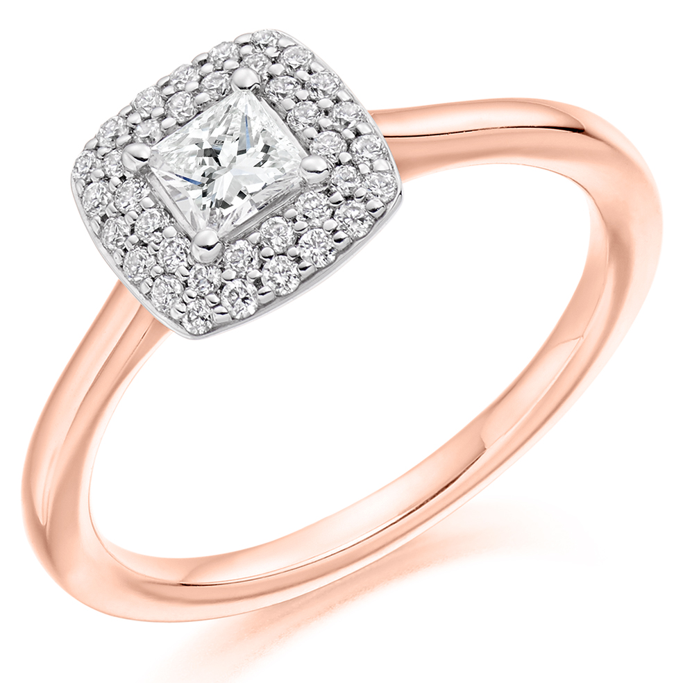 Image of Rose Gold Princess Cut Halo with Plain Shoulders Engagement Ring