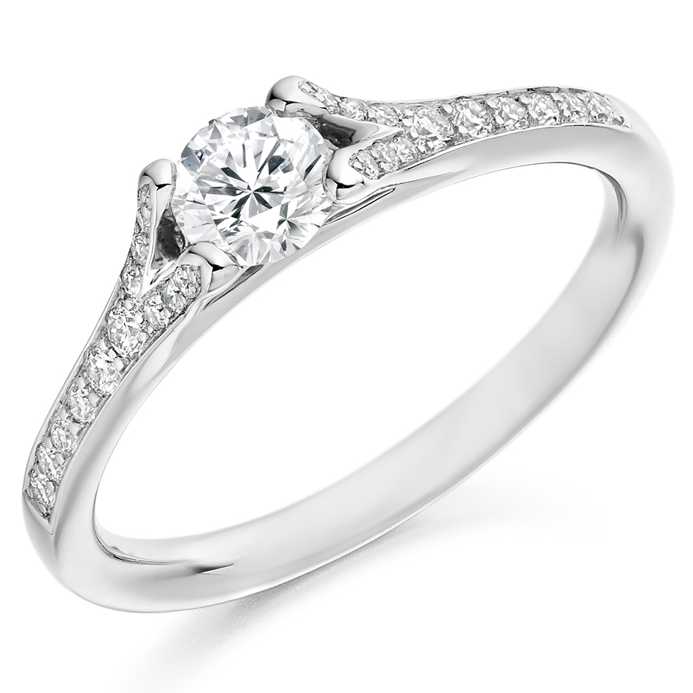 Image of Platinum Round Brilliant Solitaire with Diamond Set Shoulders Split Shoulders Engagement Ring