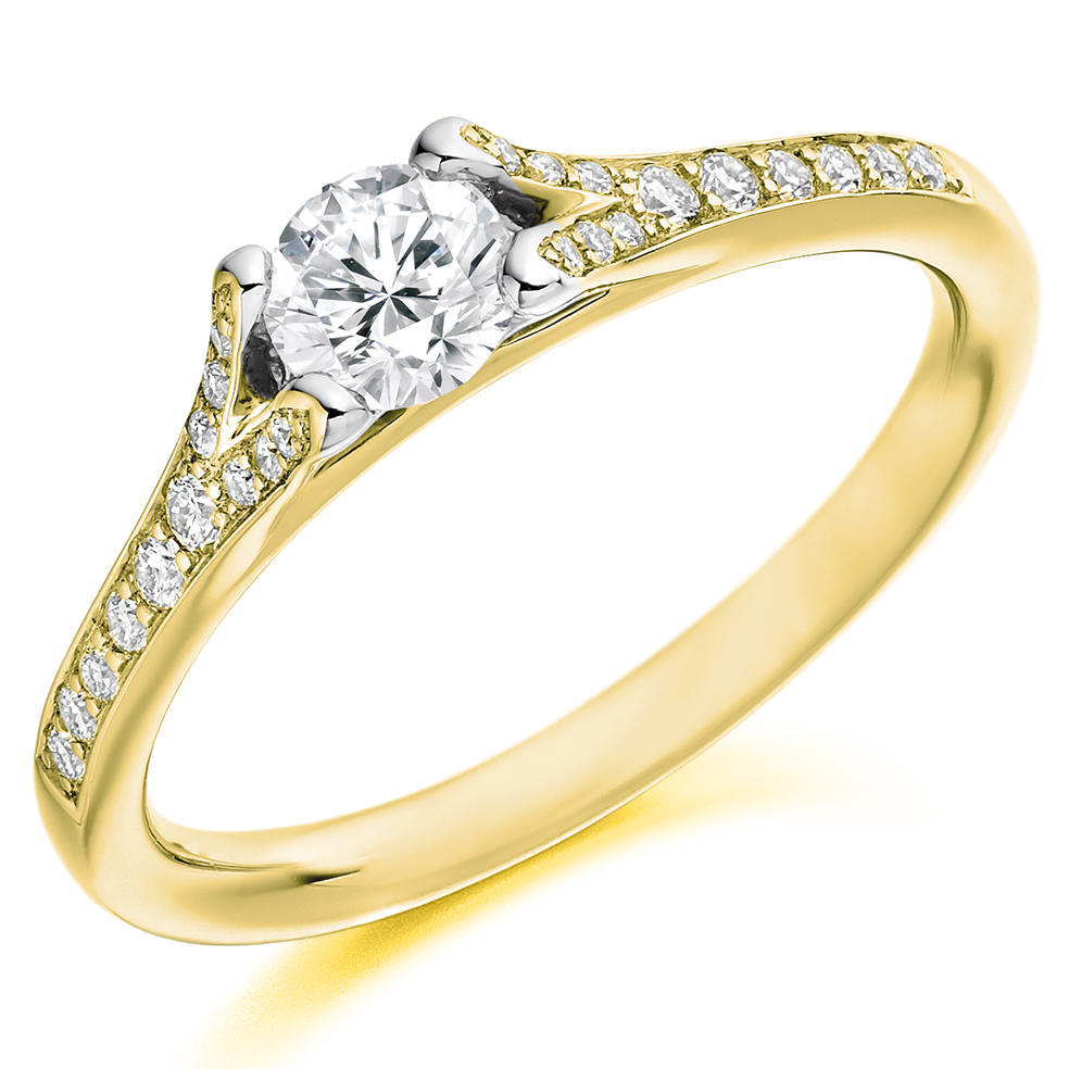 Image of Yellow Gold Round Brilliant Solitaire with Diamond Set Shoulders Split Shoulders Engagement Ring