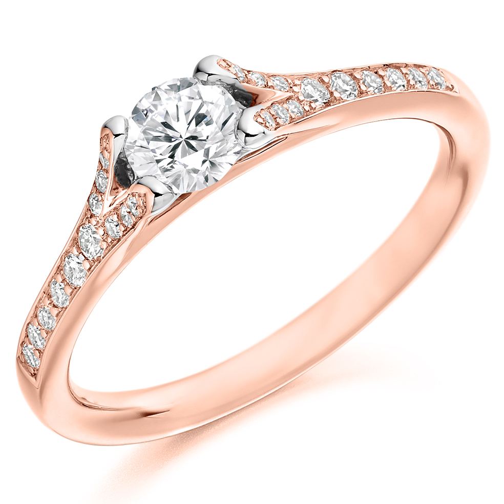 Image of Rose Gold Round Brilliant Solitaire with Diamond Set Shoulders Split Shoulders Engagement Ring