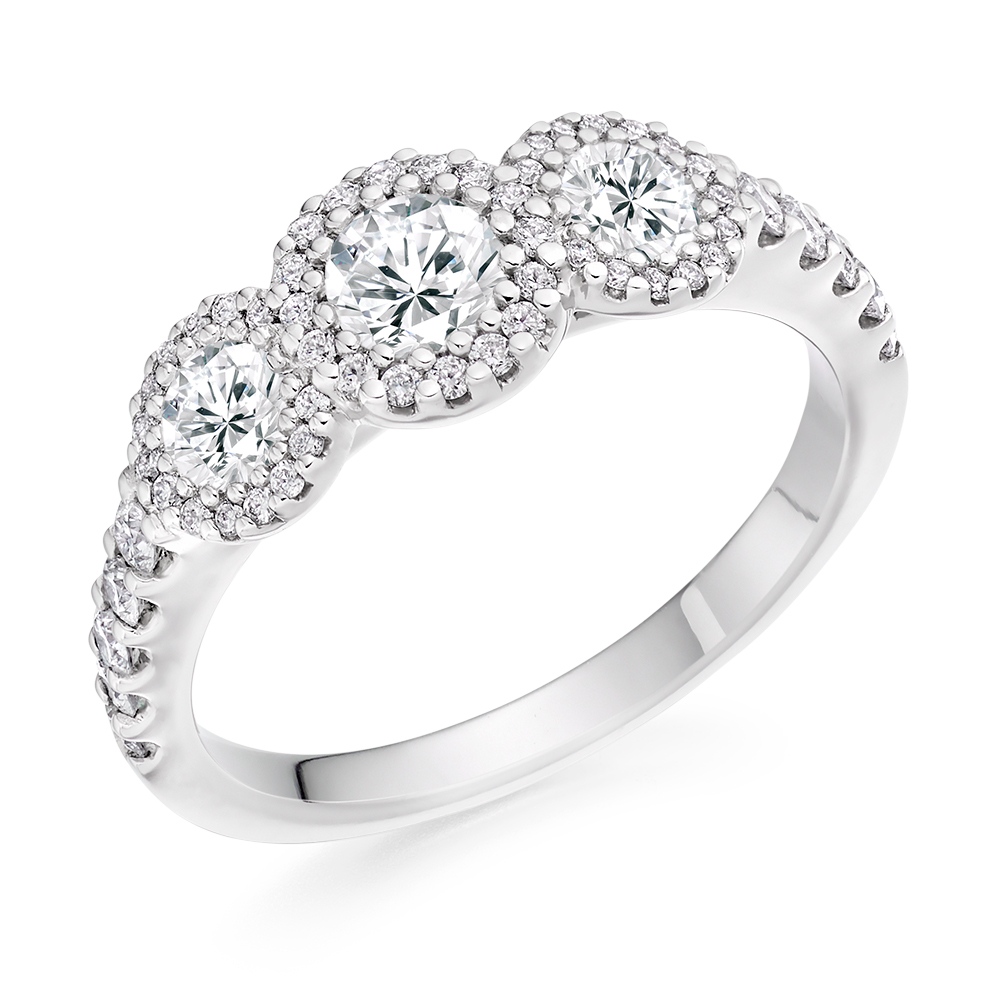 Image of White Gold Round Brilliant Trilogy with Diamond Set Halo & Shoulders Trilogy Ring
