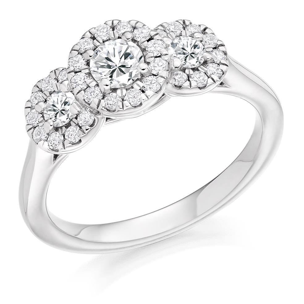 Image of White Gold Round Brilliant Trilogy with Diamond Set Halo Trilogy Ring